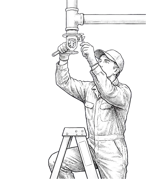 Technician inspecting an overhead sprinkler pipe from a ladder