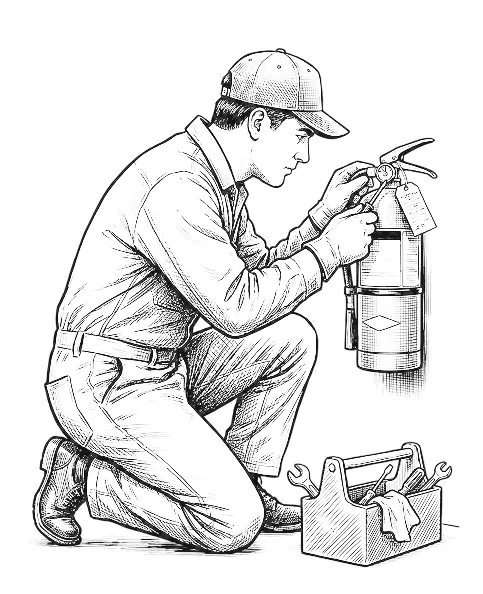 Technician servicing a portable fire extinguisher
