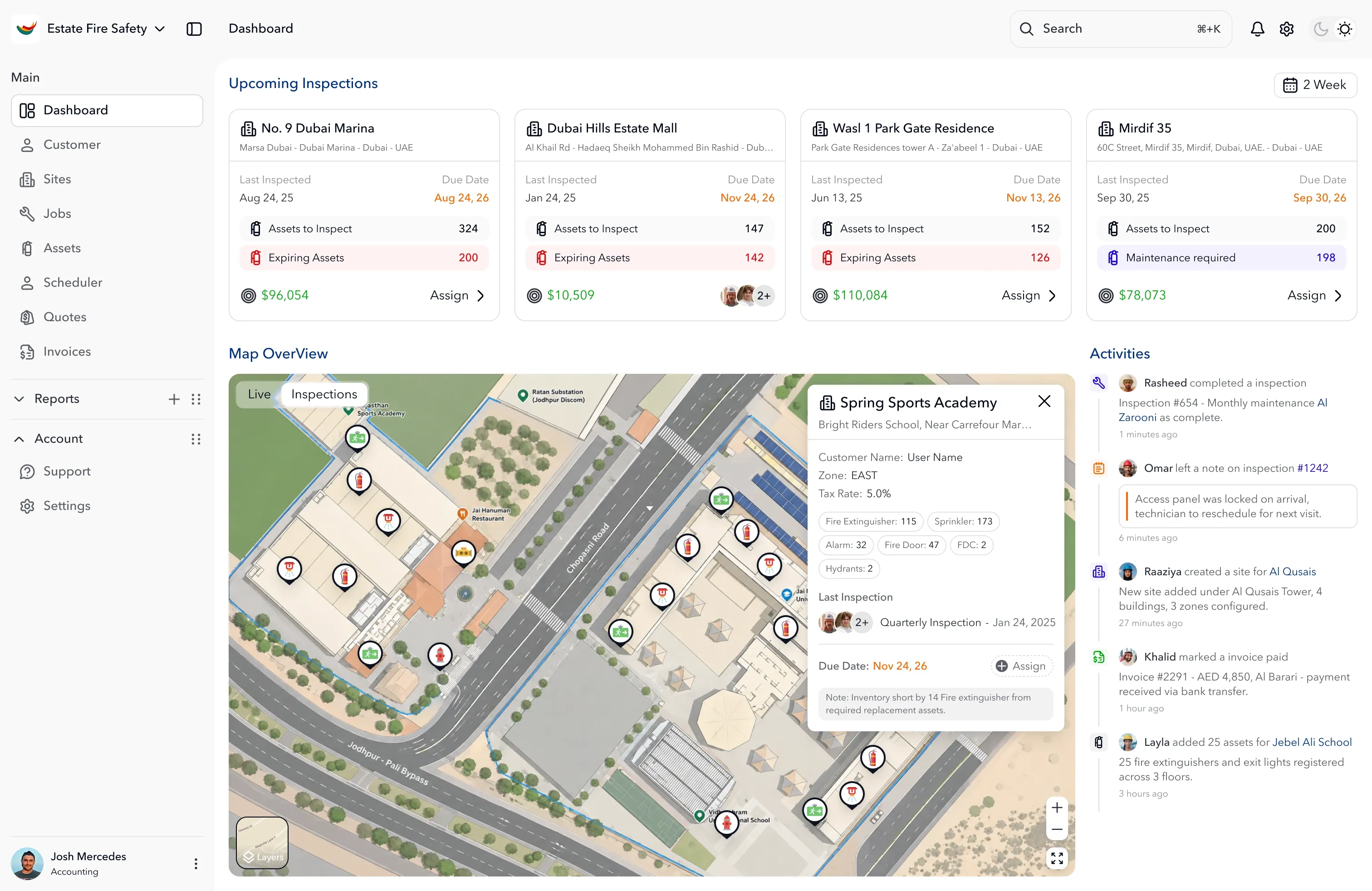Quri inspection dashboard showing upcoming inspections and a map overview