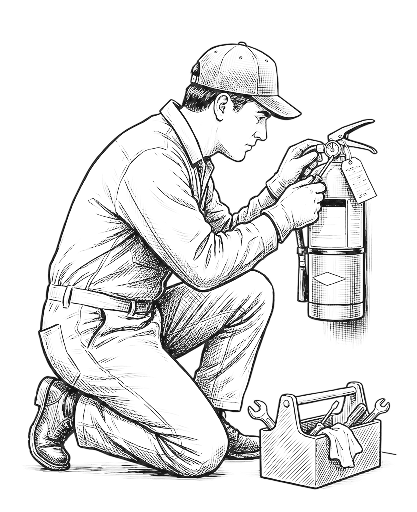 Technician servicing a portable fire extinguisher