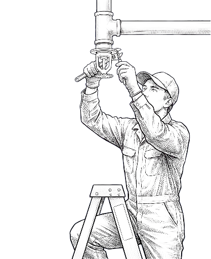Technician inspecting an overhead sprinkler pipe from a ladder