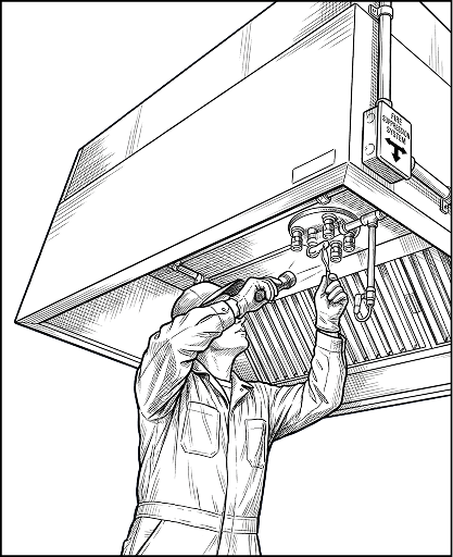 Technician servicing a commercial kitchen exhaust hood