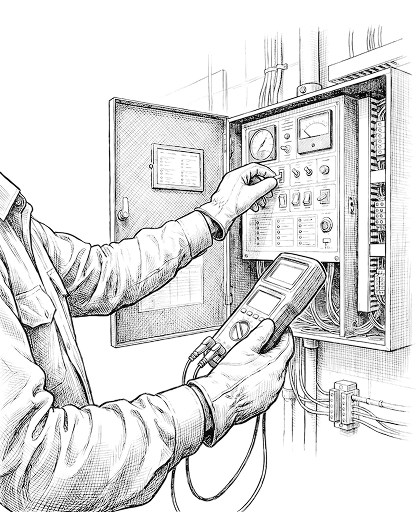 Technician testing an electrical panel with a multimeter