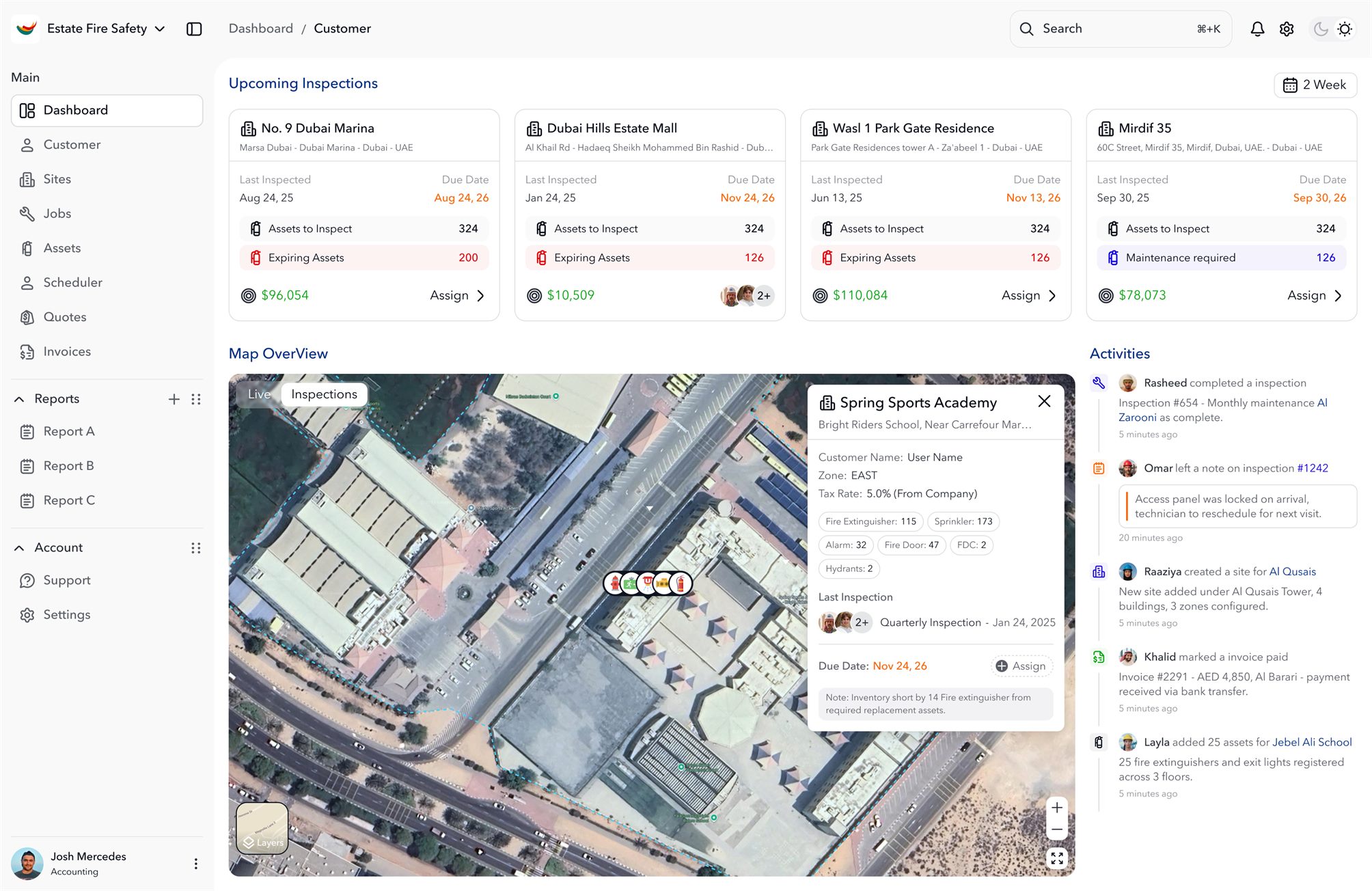 Quri inspection dashboard showing upcoming inspections and a map overview